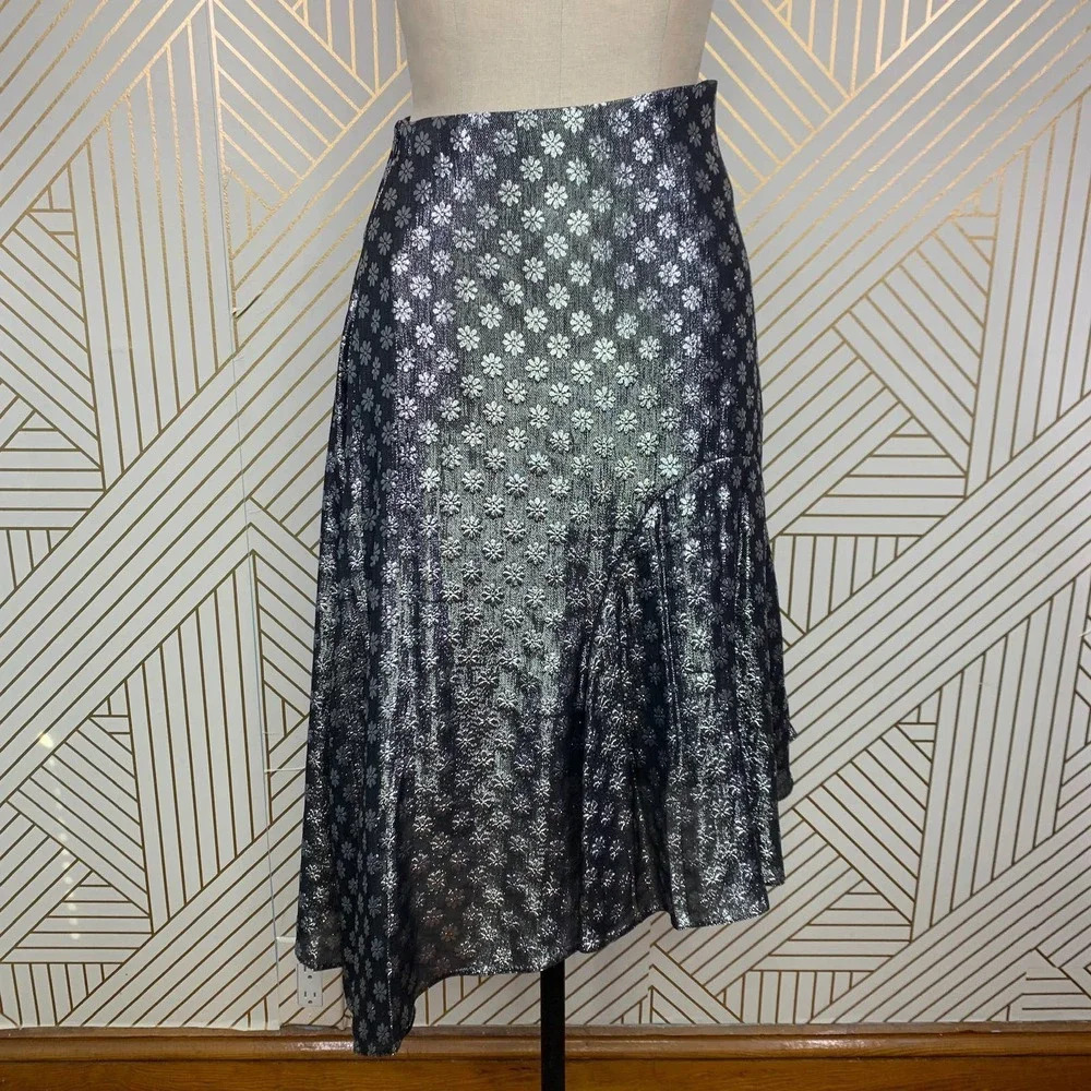 Dodo Bar Or Kathy Lurex Metallic Floral Tiered‎ A-Line Skirt Silver Size US 4/6 - Picture 8 of 12